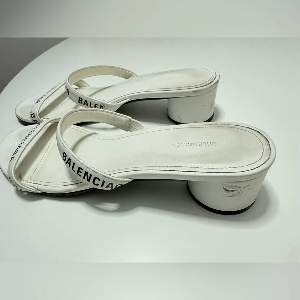 Balenciaga White Logo Strap Block Heel Sandals Size 8 - Picture 5 of 5
